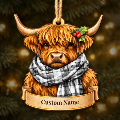 Personalized Clan Douglas Grey Modern Tartan Highland Cow Ornament with Custom Name – Scottish Christmas Tree Decoration