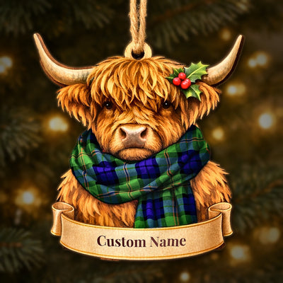 Personalized Clan Dundas Modern Tartan Highland Cow Ornament with Custom Name – Scottish Christmas Tree Decoration
