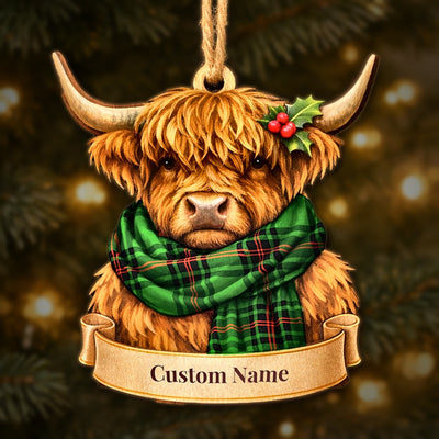 Personalized Clan Fife District Tartan Highland Cow Ornament with Custom Name – Scottish Christmas Tree Decoration