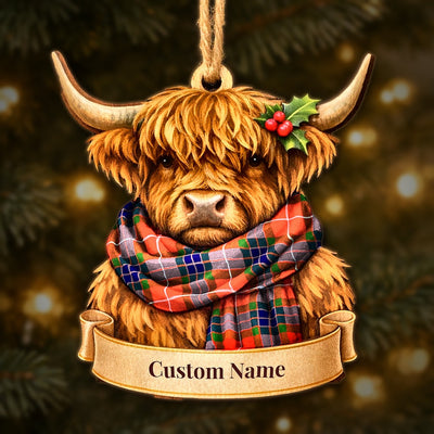 Personalized Clan Fraser Modern Tartan Highland Cow Ornament with Custom Name – Scottish Christmas Tree Decoration