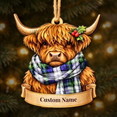 Personalized Clan Gordon Dress Modern Tartan Highland Cow Ornament with Custom Name – Scottish Christmas Tree Decoration