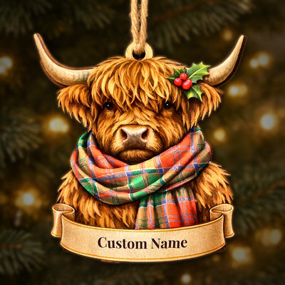 Personalized Clan Grant Ancient Tartan Highland Cow Ornament with Custom Name – Scottish Christmas Tree Decoration