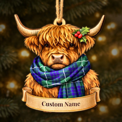 Personalized Clan Hamilton Hunting Modern Tartan Highland Cow Ornament with Custom Name – Scottish Christmas Tree Decoration