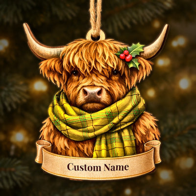 Personalized Clan Houston Tartan Highland Cow Ornament with Custom Name – Scottish Christmas Tree Decoration