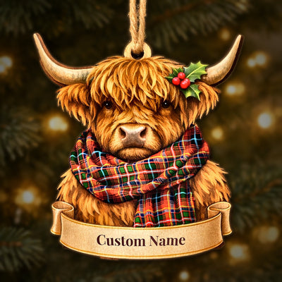 Personalized Clan Innes Modern Tartan Highland Cow Ornament with Custom Name – Scottish Christmas Tree Decoration