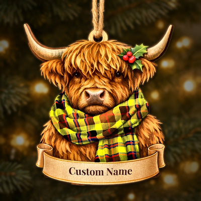 Personalized Clan Jardine Tartan Highland Cow Ornament with Custom Name – Scottish Christmas Tree Decoration