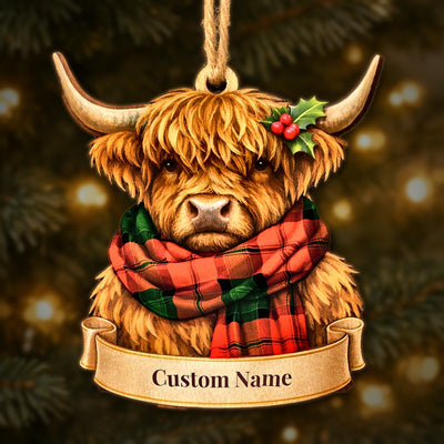 Personalized Clan Kerr Modern Tartan Highland Cow Ornament with Custom Name – Scottish Christmas Tree Decoration