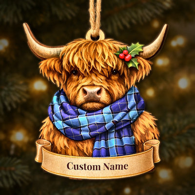Personalized Clan Kirkcaldy Tartan Highland Cow Ornament with Custom Name – Scottish Christmas Tree Decoration