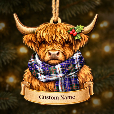 Personalized Clan MacDonald Dress Modern Tartan Highland Cow Ornament with Custom Name – Scottish Christmas Tree Decoration