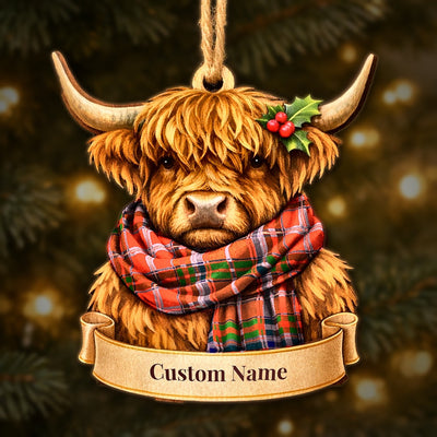 Personalized Clan MacDougall Modern Tartan Highland Cow Ornament with Custom Name – Scottish Christmas Tree Decoration