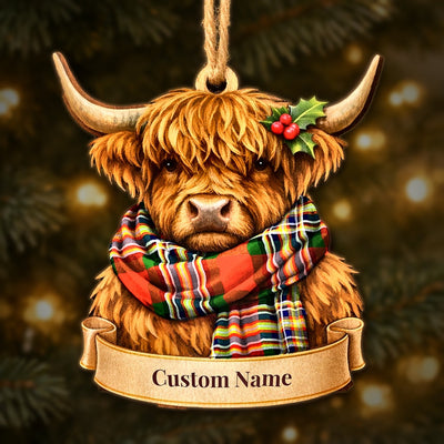 Personalized Clan MacGill Modern Tartan Highland Cow Ornament with Custom Name – Scottish Christmas Tree Decoration