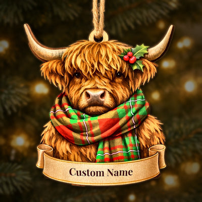 Personalized Clan MacGregor Modern Tartan Highland Cow Ornament with Custom Name – Scottish Christmas Tree Decoration