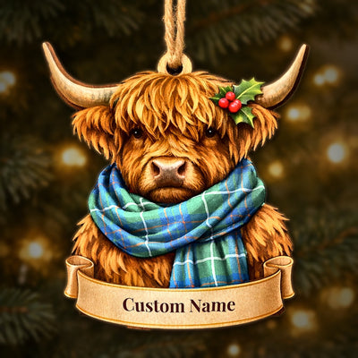 Personalized Clan MacIntyre Hunting Ancient Tartan Highland Cow Ornament with Custom Name – Scottish Christmas Tree Decoration