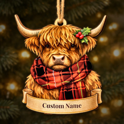 Personalized Clan MacIver Modern Tartan Highland Cow Ornament with Custom Name – Scottish Christmas Tree Decoration