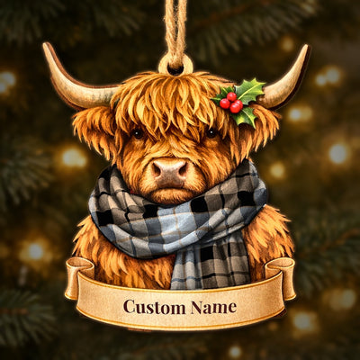 Personalized Clan MacKay Weathered Tartan Highland Cow Ornament with Custom Name – Scottish Christmas Tree Decoration