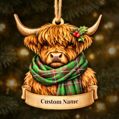 Personalized Clan MacKinnon Hunting Modern Tartan Highland Cow Ornament with Custom Name – Scottish Christmas Tree Decoration