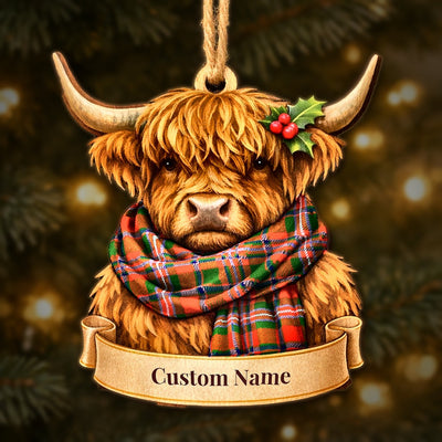 Personalized Clan MacKinnon Modern Tartan Highland Cow Ornament with Custom Name – Scottish Christmas Tree Decoration
