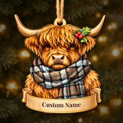 Personalized Clan MacLaren Weathered Tartan Highland Cow Ornament with Custom Name – Scottish Christmas Tree Decoration