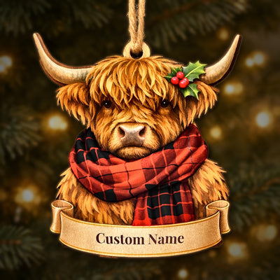 Personalized Clan MacLeod of Raasay Tartan Highland Cow Ornament with Custom Name – Scottish Christmas Tree Decoration
