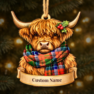 Personalized Clan Macnicol Tartan Highland Cow Ornament with Custom Name – Scottish Christmas Tree Decoration