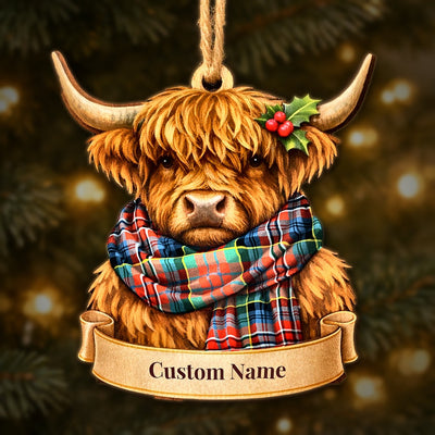Personalized Clan MacPherson Ancient Tartan Highland Cow Ornament with Custom Name – Scottish Christmas Tree Decoration