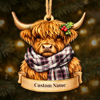 Personalized Clan MacPherson Hunting Ancient Tartan Highland Cow Ornament with Custom Name – Scottish Christmas Tree Decoration