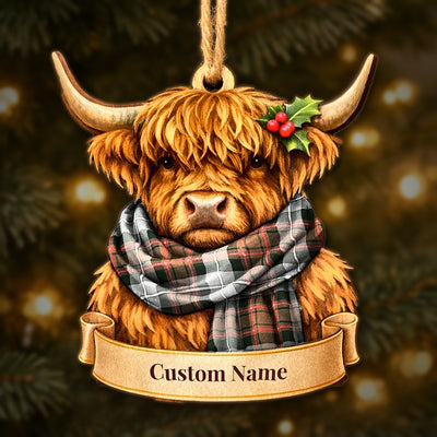 Personalized Clan MacRae Hunting Weathered Tartan Highland Cow Ornament with Custom Name – Scottish Christmas Tree Decoration