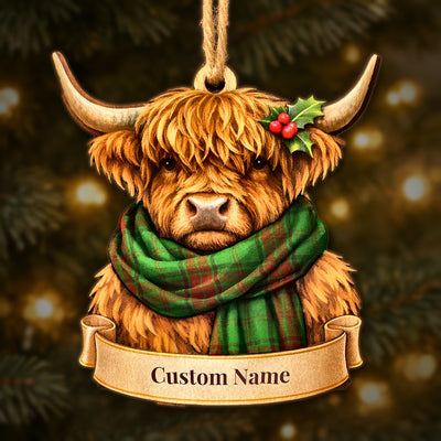 Personalized Clan Maxwell Hunting Tartan Highland Cow Ornament with Custom Name – Scottish Christmas Tree Decoration