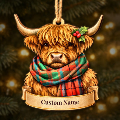 Personalized Clan McIlvian Tartan Highland Cow Ornament with Custom Name – Scottish Christmas Tree Decoration