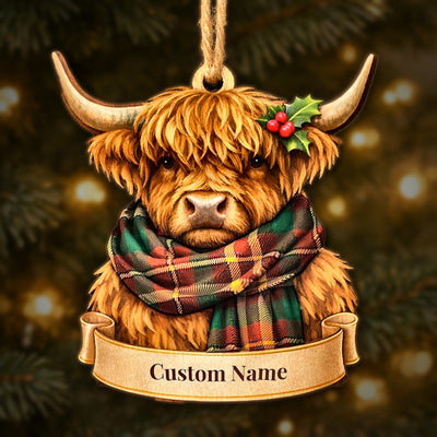 Personalized Clan McNally Tartan Highland Cow Ornament with Custom Name – Scottish Christmas Tree Decoration