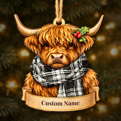 Personalized Clan Menzies Black _ White Ancient Tartan Highland Cow Ornament with Custom Name – Scottish Christmas Tree Decoration