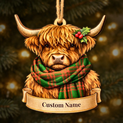 Personalized Clan Menzies Green Modern Tartan Highland Cow Ornament with Custom Name – Scottish Christmas Tree Decoration