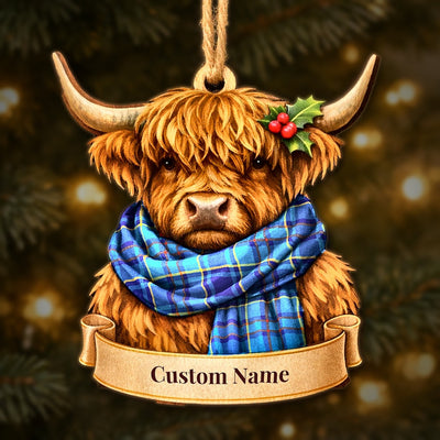 Personalized Clan Mercer Modern Tartan Highland Cow Ornament with Custom Name – Scottish Christmas Tree Decoration
