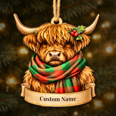 Personalized Clan Moncrieffe Tartan Highland Cow Ornament with Custom Name – Scottish Christmas Tree Decoration