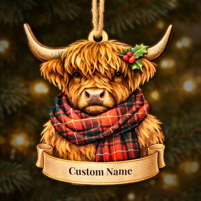 Personalized Clan Munro Modern 1 Tartan Highland Cow Ornament with Custom Name – Scottish Christmas Tree Decoration