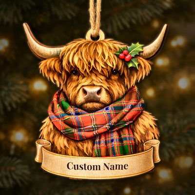 Personalized Clan Munro Modern Tartan Highland Cow Ornament with Custom Name – Scottish Christmas Tree Decoration