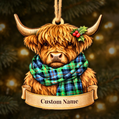 Personalized Clan Murray of Atholl Ancient Tartan Highland Cow Ornament with Custom Name – Scottish Christmas Tree Decoration