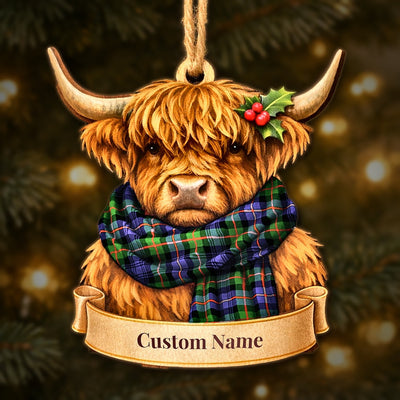 Personalized Clan Murray of Atholl Modern Tartan Highland Cow Ornament with Custom Name – Scottish Christmas Tree Decoration