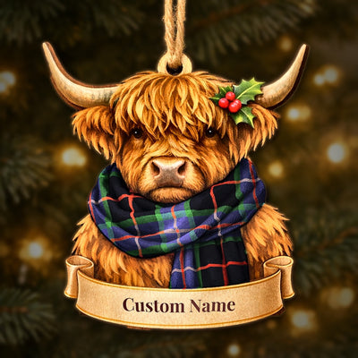 Personalized Clan Nairn Tartan Highland Cow Ornament with Custom Name – Scottish Christmas Tree Decoration