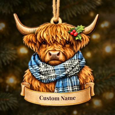 Personalized Clan Napier Ancient Tartan Highland Cow Ornament with Custom Name – Scottish Christmas Tree Decoration