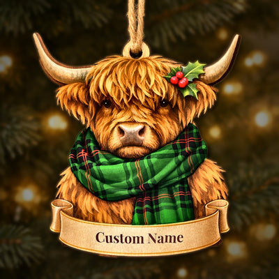Personalized Clan Primrose (Fife) Tartan Highland Cow Ornament with Custom Name – Scottish Christmas Tree Decoration