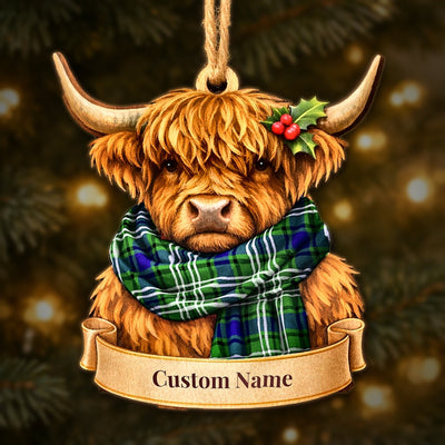 Personalized Clan Purves (Tweedside) Tartan Highland Cow Ornament with Custom Name – Scottish Christmas Tree Decoration
