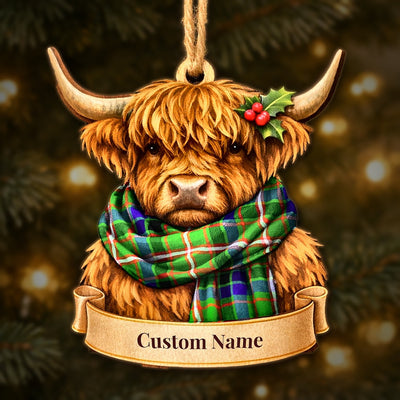 Personalized Clan Reid Green Tartan Highland Cow Ornament with Custom Name – Scottish Christmas Tree Decoration