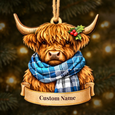 Personalized Clan Roberton Tartan Highland Cow Ornament with Custom Name – Scottish Christmas Tree Decoration