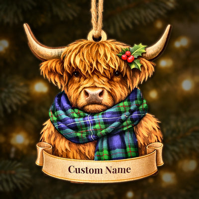 Personalized Clan Robertson Hunting Modern Tartan Highland Cow Ornament with Custom Name – Scottish Christmas Tree Decoration
