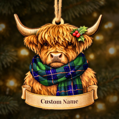 Personalized Clan Shaw Modern Tartan Highland Cow Ornament with Custom Name – Scottish Christmas Tree Decoration