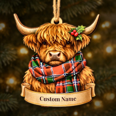 Personalized Clan Spens Modern Tartan Highland Cow Ornament with Custom Name – Scottish Christmas Tree Decoration