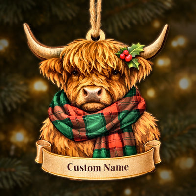 Personalized Clan Stewart Atholl Modern Tartan Highland Cow Ornament with Custom Name – Scottish Christmas Tree Decoration