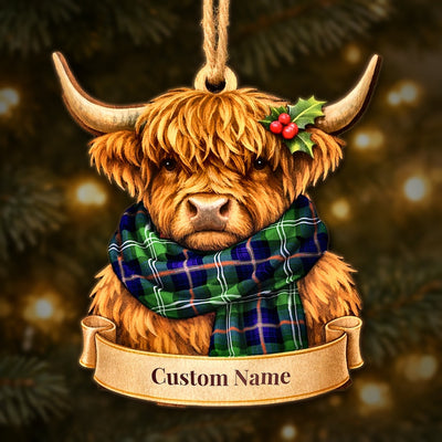 Personalized Clan Sutherland Modern Tartan Highland Cow Ornament with Custom Name – Scottish Christmas Tree Decoration