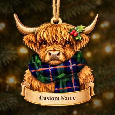 Personalized Clan Urquhart Modern Tartan Highland Cow Ornament with Custom Name – Scottish Christmas Tree Decoration